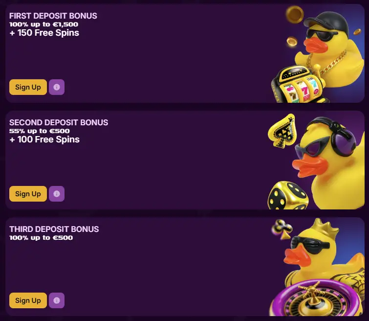 Bonussen voor geregistreerde spelers bij Duckysino Casino